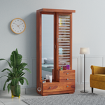 sheesham wood dressing table with sliding mirror door
wooden dressing cabinet with storage shelves
modern dressing table with glass panel design
wardrobe style dressing table India
compact wooden vanity with drawers and mirror