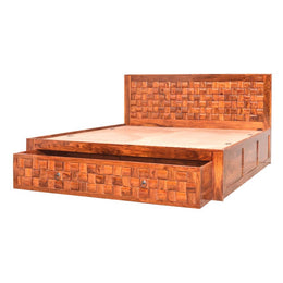 Niwar Patti Solid Sheesham Wood Bed with Front Trolley Storage