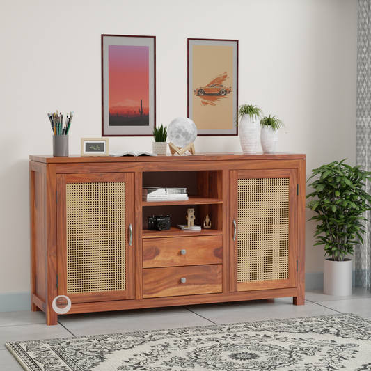 RozWood Arts Sheesham Wood Sideboard with Cane Doors & Storage Drawers – Honey Finish