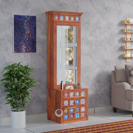 RozWood Arts Honey Finish Sheesham Wood Dresser with Mirror & Storage Drawers
