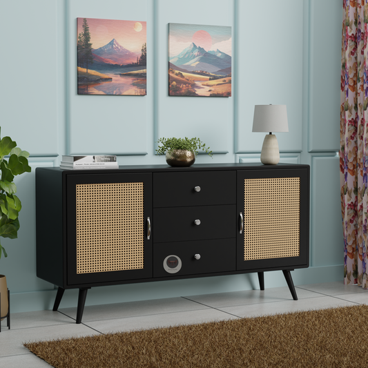 "Solid Wood Cabinet with Cane Design, Drawers and Shelves in Dark Walnut Finish – RozWood Arts"