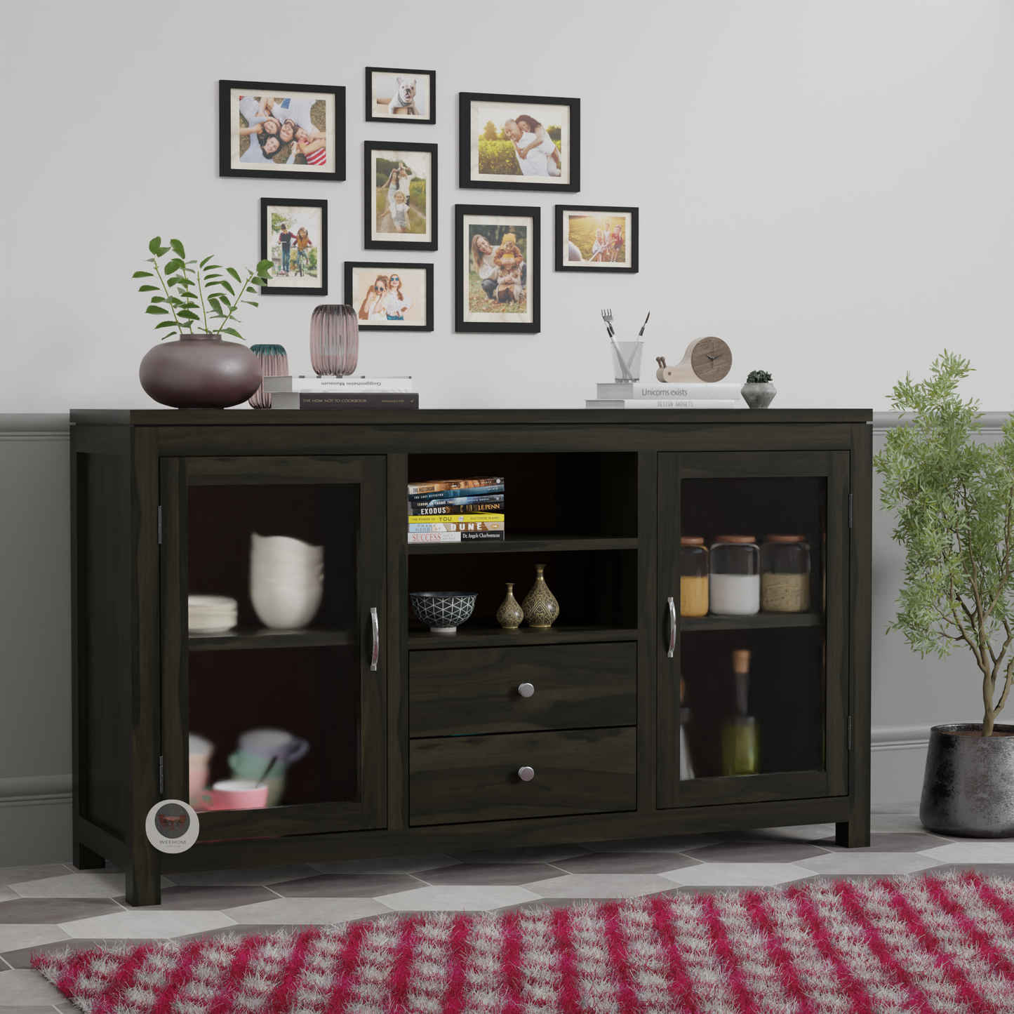 "Premium Sheesham Wood Sideboard with glass doors, storage drawers and spacious shelves by RozWood Arts"
