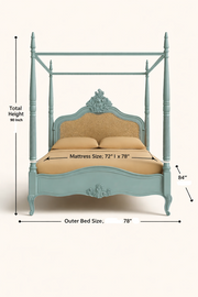 Mint Green Poster Bed with Carving Headboard | 4 Poster Wooden Bed King Size (72x78) | Classic Luxury Bed