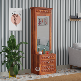 Rozwood Arts Diamond Sheesham Wood Dressing Cabinet with Mirror & Storage Drawers | Wooden Dressing Unit with Shelves