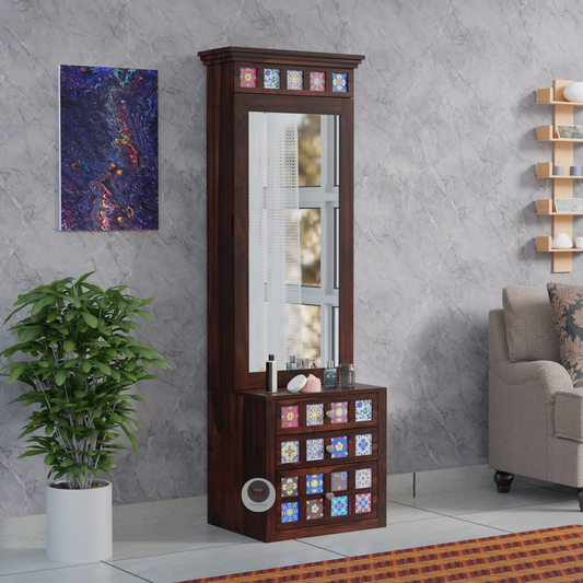 "Walnut Finish Sheesham Wood Dresser with Mirror, Tile Design Drawers & Storage Shelves – RozWood Arts"