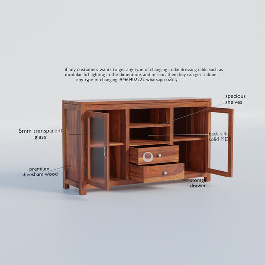 RozWood Arts Premium Sheesham Wood Sideboard with Glass Doors & Storage Drawers – Honey Finish
