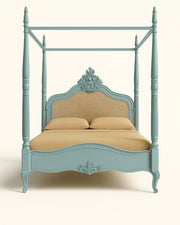 Mint Green Poster Bed with Carving Headboard | 4 Poster Wooden Bed King Size (72x78) | Classic Luxury Bed
