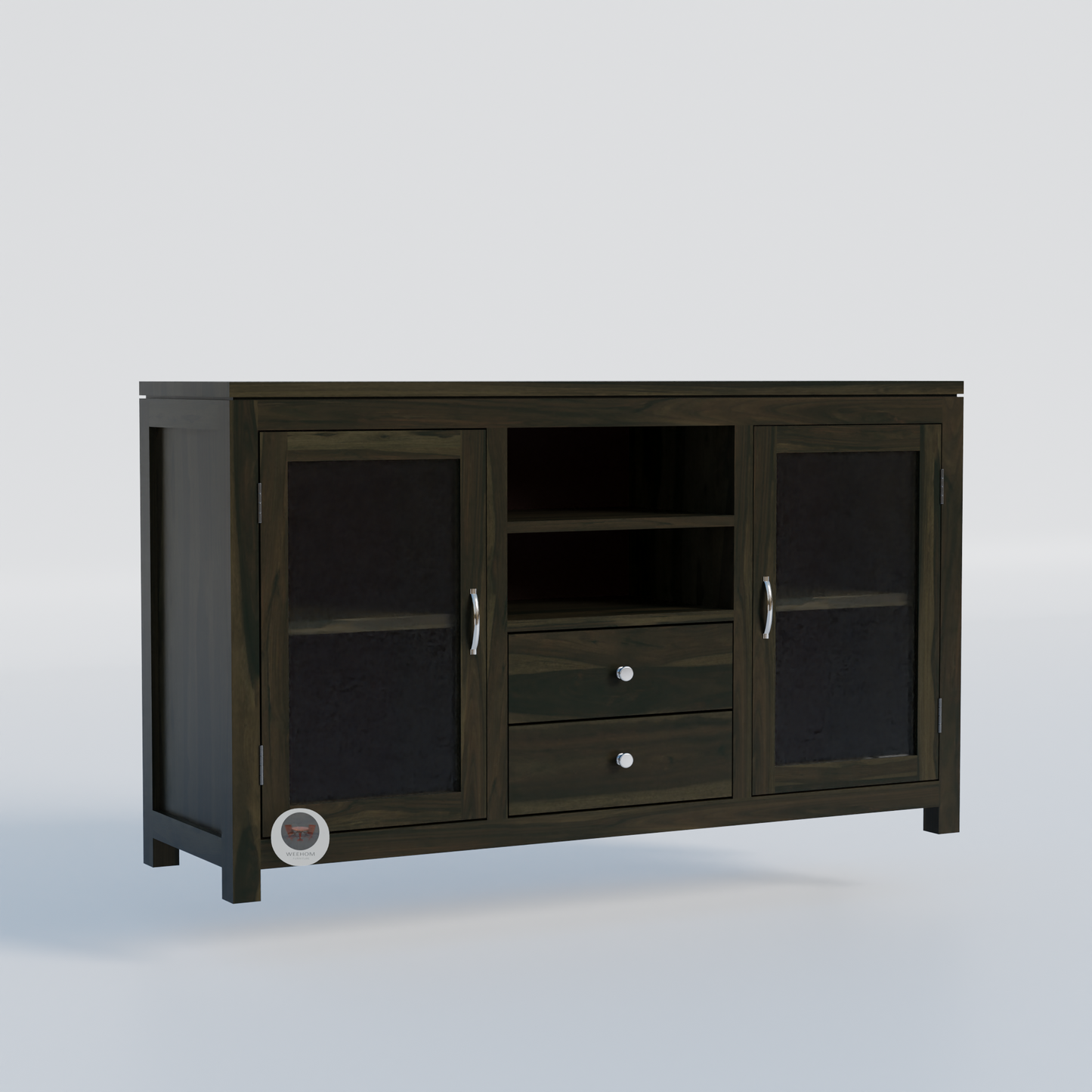 RozWood Arts Premium Sheesham Wood Sideboard with Glass Doors, Spacious Shelves & Storage Drawers – Walnut Finish