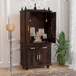 Devsthan Premium Sheesham Wood Mandir with 2 Drawers and 2 Doors Cabinet