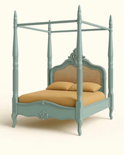 Mint Green Poster Bed with Carving Headboard | 4 Poster Wooden Bed King Size (72x78) | Classic Luxury Bed