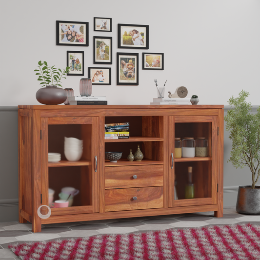 Sheesham Wood Sideboard in Honey Finish with Glass Doors, Storage Drawers & Shelves – RozWood Arts