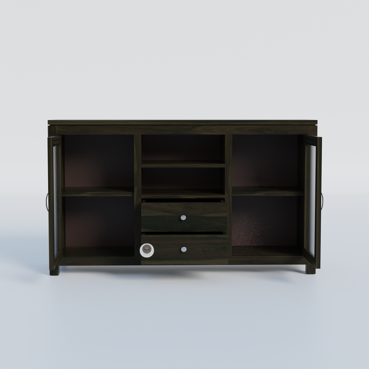 RozWood Arts Premium Sheesham Wood Sideboard with Glass Doors, Spacious Shelves & Storage Drawers – Walnut Finish