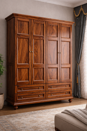 Sheesham Wood Wardrobe with Drawers | Honey Finish Wooden Almirah for Bedroom Storage
