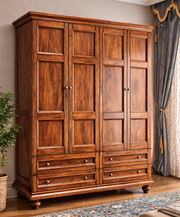 Sheesham Wood Wardrobe with Drawers | Honey Finish Wooden Almirah for Bedroom Storage
