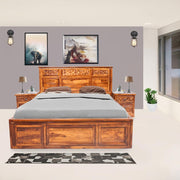 Swirl Solid Sheesham Wood King Bed with Top-Opening Storage