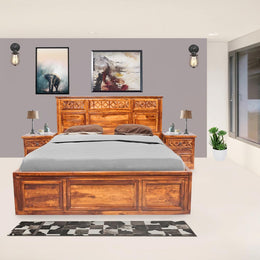 Swirl Solid Sheesham Wood King Bed with Top-Opening Storage